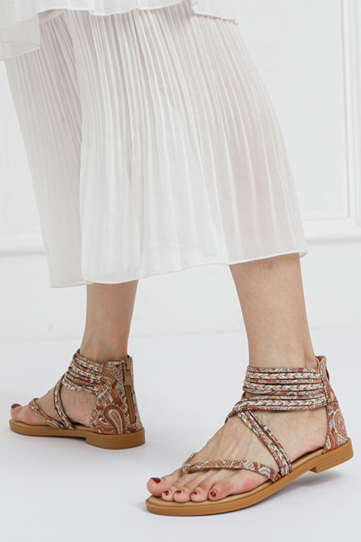 Bohemia Pattern Ankle Strap Zipper Thong Sandals