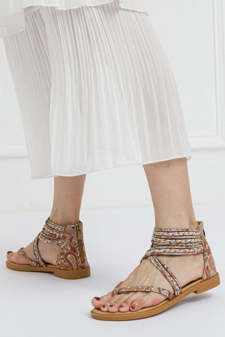 Bohemia Pattern Ankle Strap Zipper Thong Sandals