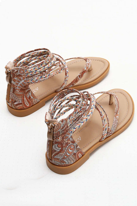 Bohemia Pattern Ankle Strap Zipper Thong Sandals