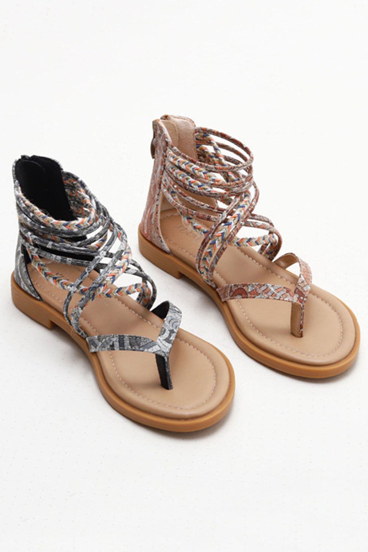 Bohemia Pattern Ankle Strap Zipper Thong Sandals