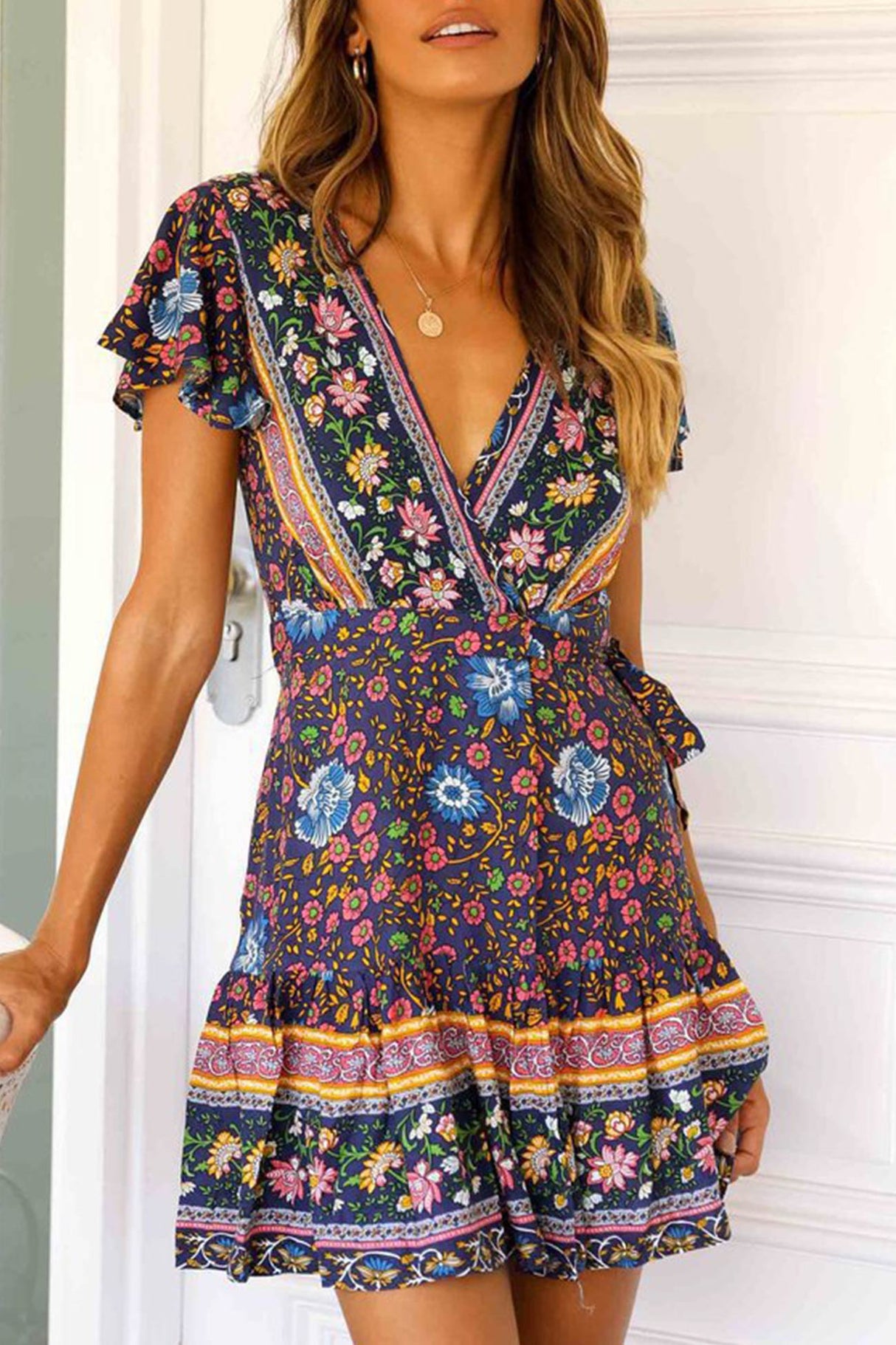 Arolora Bohemian V Neck Tie-waist Slit Mini Dress