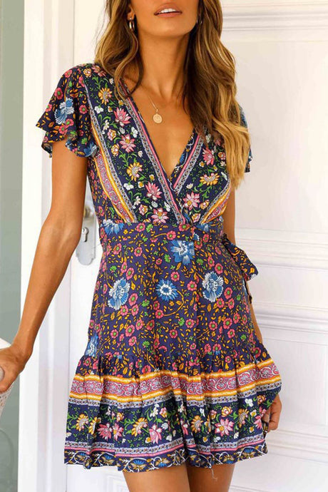 Arolora Bohemian V Neck Tie-waist Slit Mini Dress