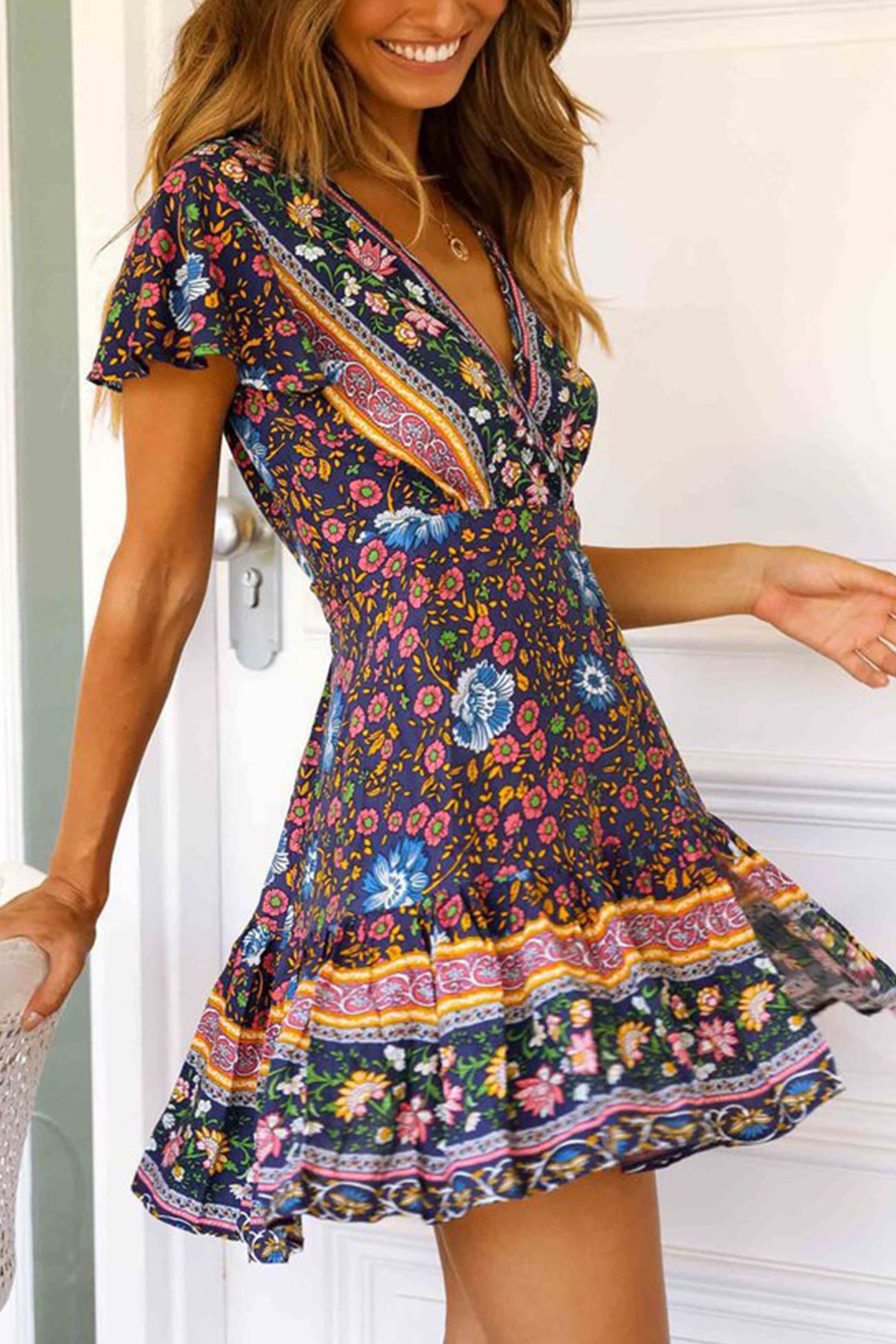 slit mini dress Bohemian V Neck Tie-waist Slit Mini Dress – AROLORA