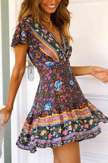 Arolora Bohemian V Neck Tie-waist Slit Mini Dress