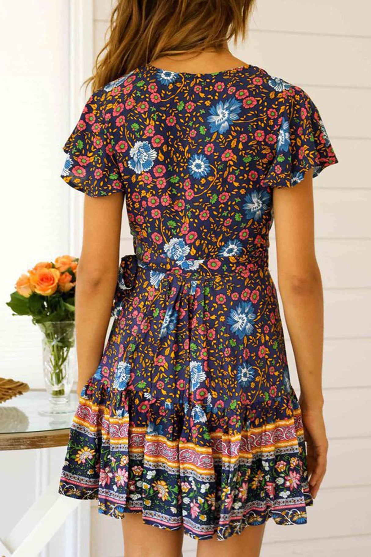 Arolora Bohemian V Neck Tie-waist Slit Mini Dress