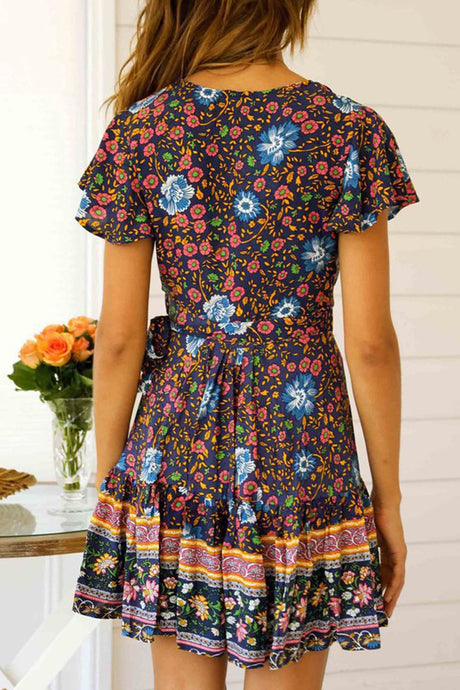 Arolora Bohemian V Neck Tie-waist Slit Mini Dress