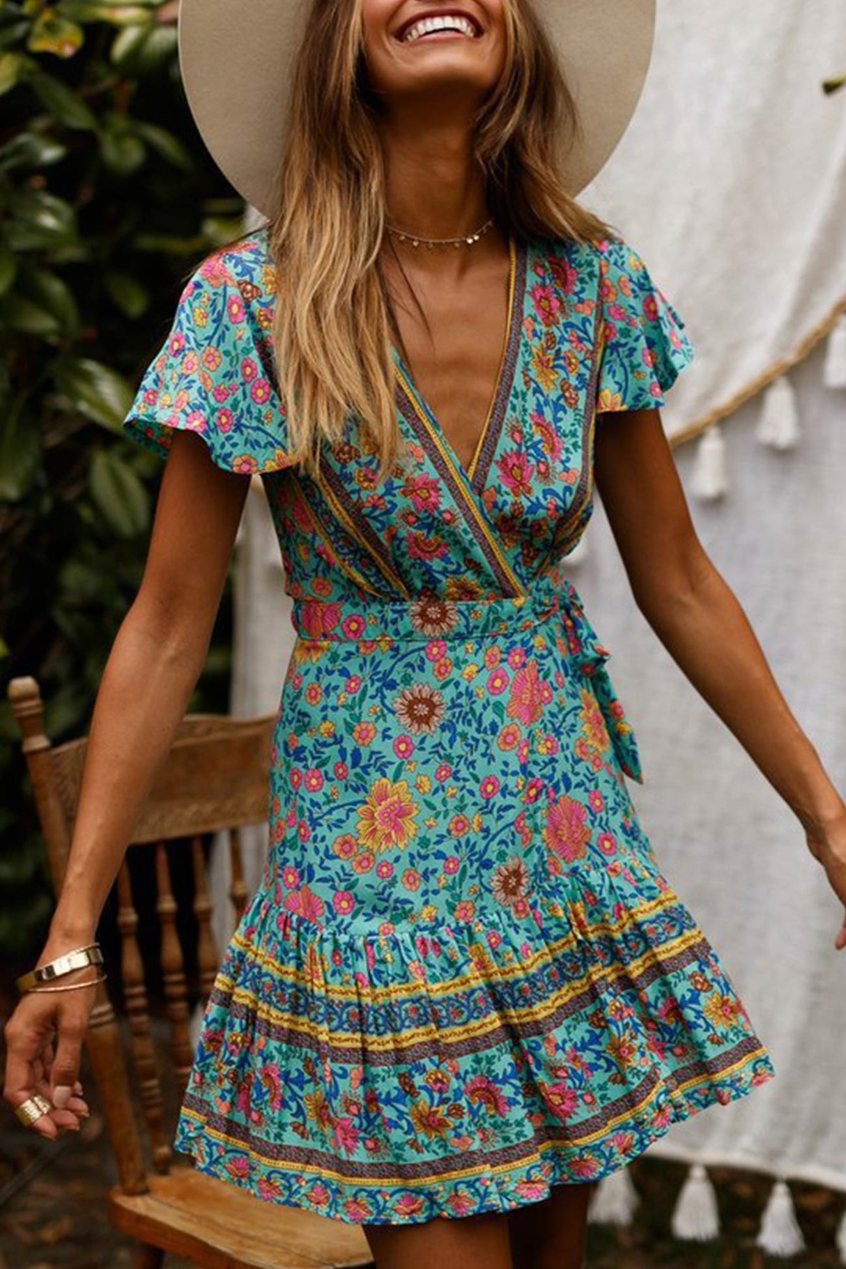 Arolora Bohemian V Neck Tie-waist Slit Mini Dress