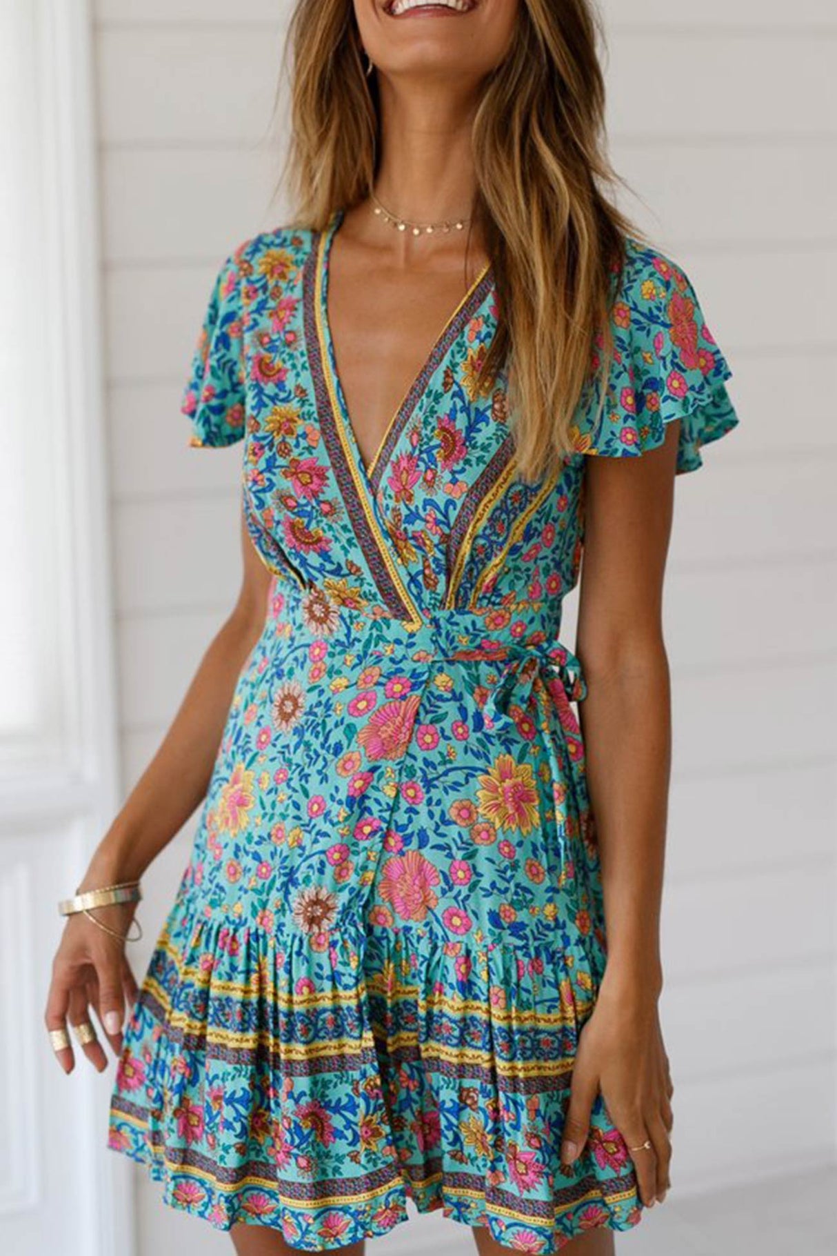 Arolora Bohemian V Neck Tie-waist Slit Mini Dress