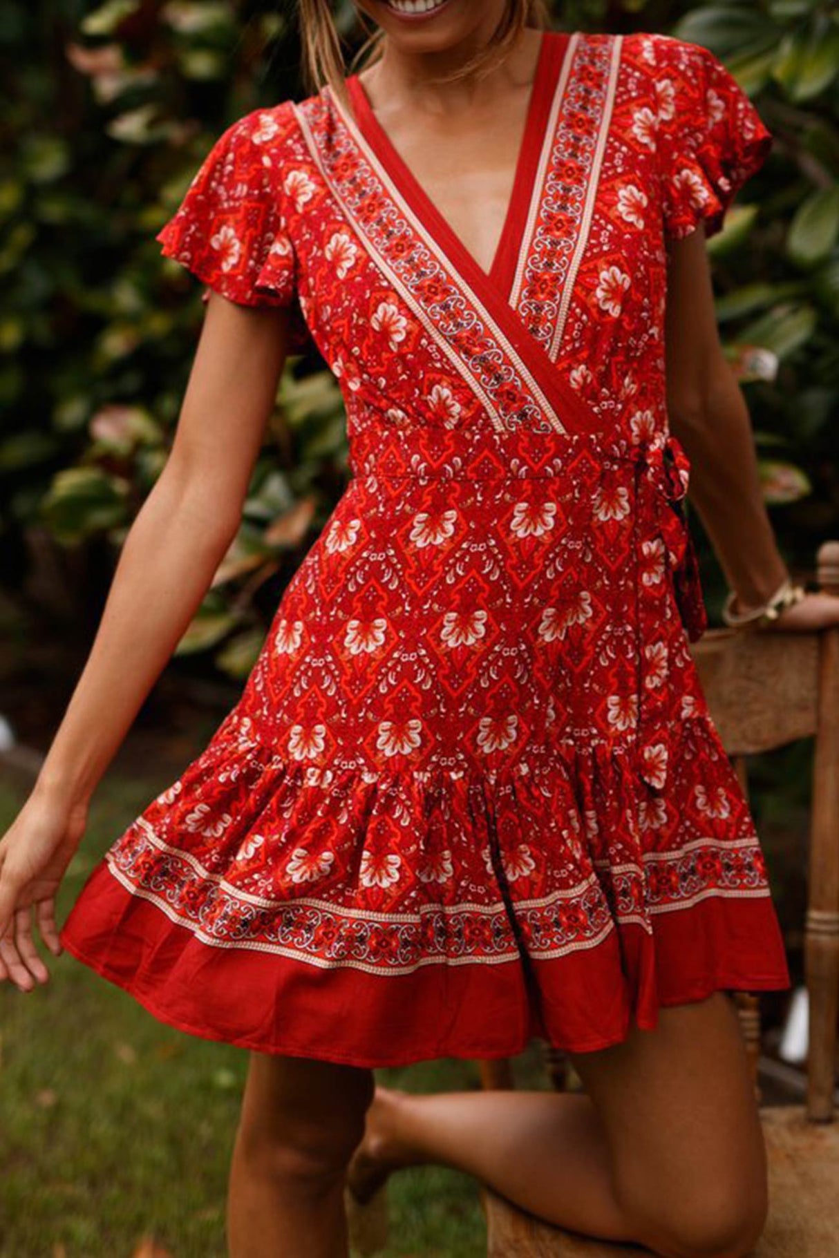 Arolora Bohemian V Neck Tie-waist Slit Mini Dress