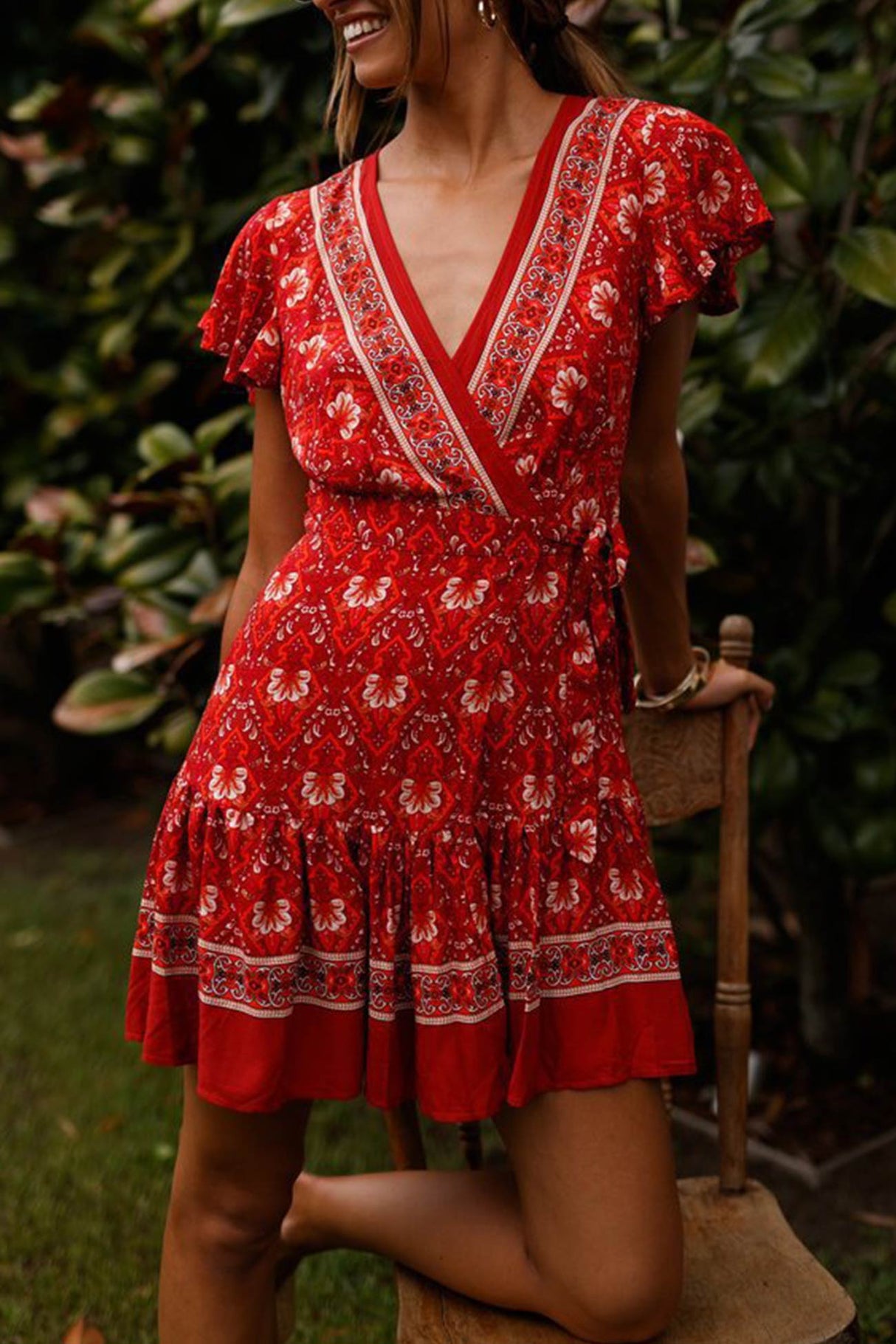 Arolora Bohemian V Neck Tie-waist Slit Mini Dress