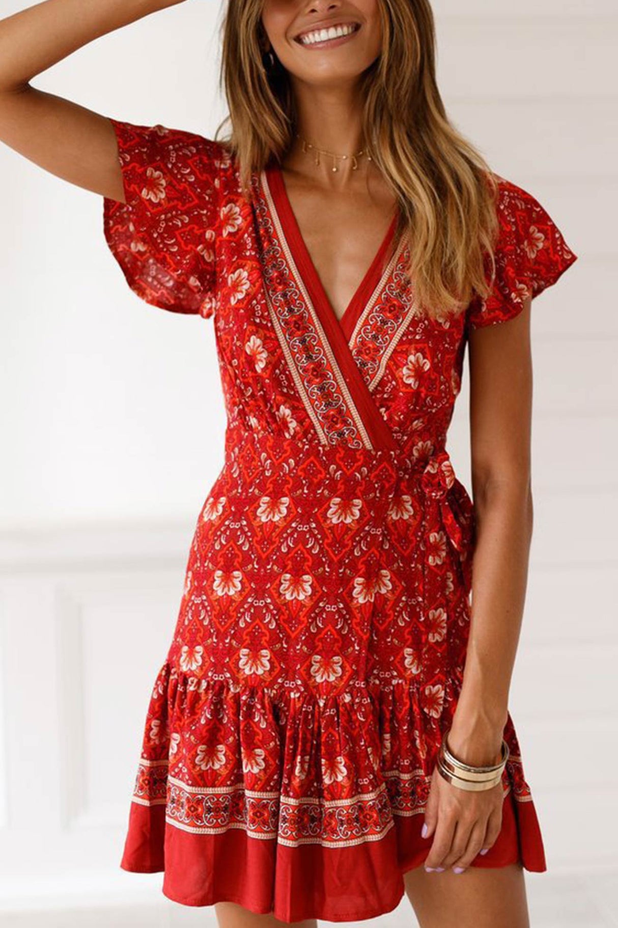 Arolora Bohemian V Neck Tie-waist Slit Mini Dress