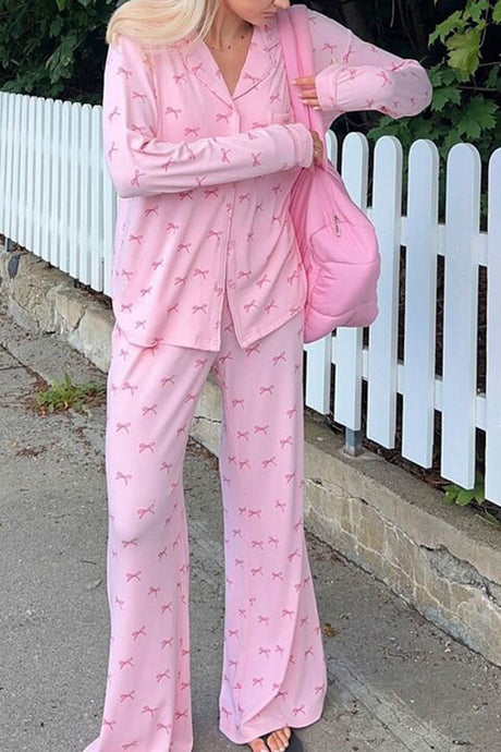 Arolora Bow Print Two-piece Loungewear