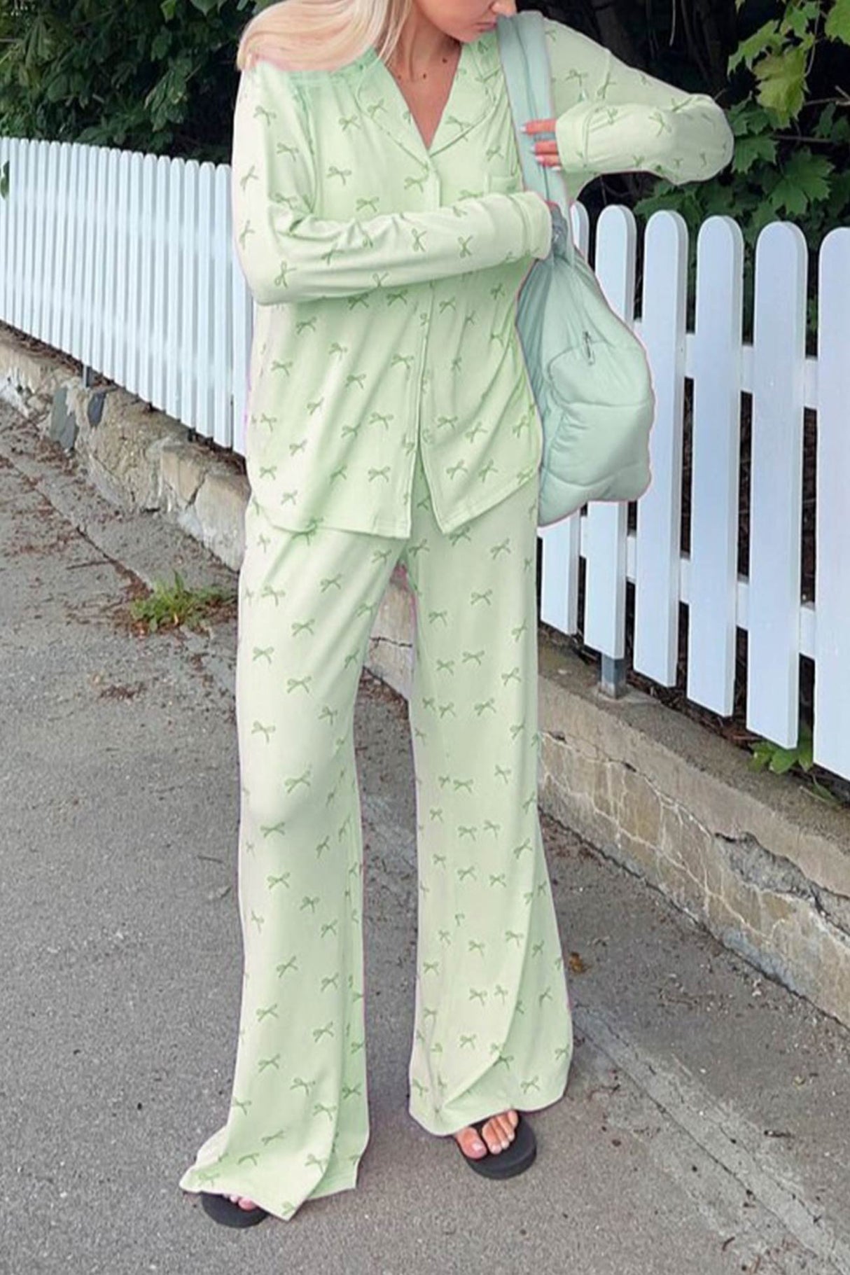 Arolora Bow Print Two-piece Loungewear