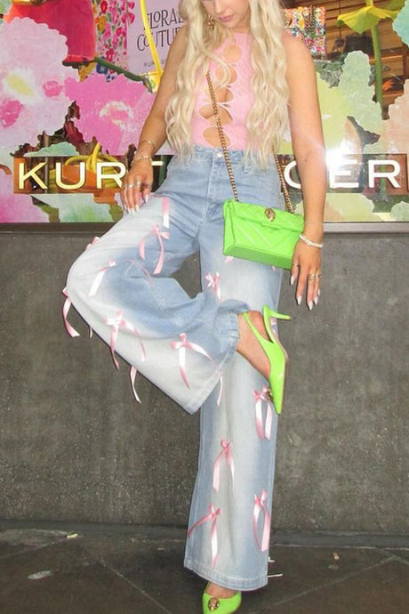 Arolora Bow Ribbon High Rise Jeans