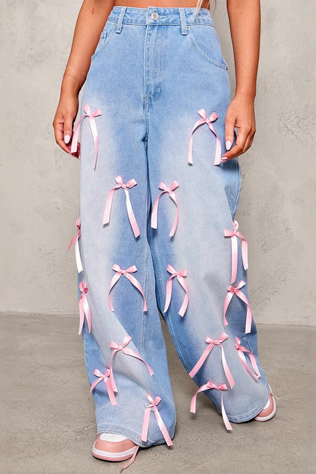 Arolora Bow Ribbon High Rise Jeans