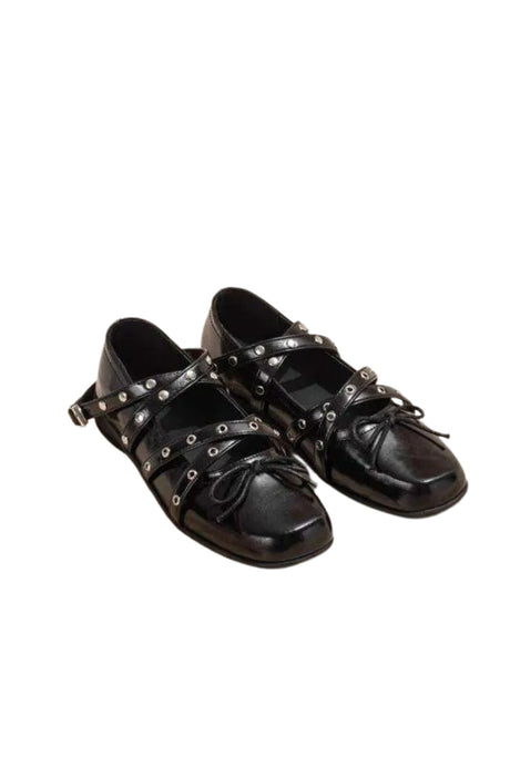 Bowknot Rivet Leather Ballet Flat