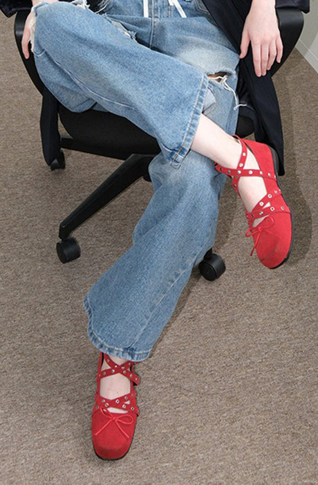 Bowknot Rivet Leather Ballet Flat