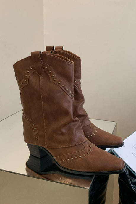 Vintage Pointed Toe Rivet Mid-Calf Boots