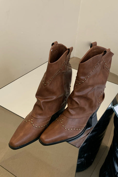 Vintage Pointed Toe Rivet Mid-Calf Boots