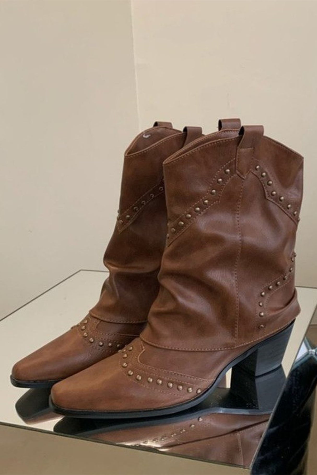 Vintage Pointed Toe Rivet Mid-Calf Boots