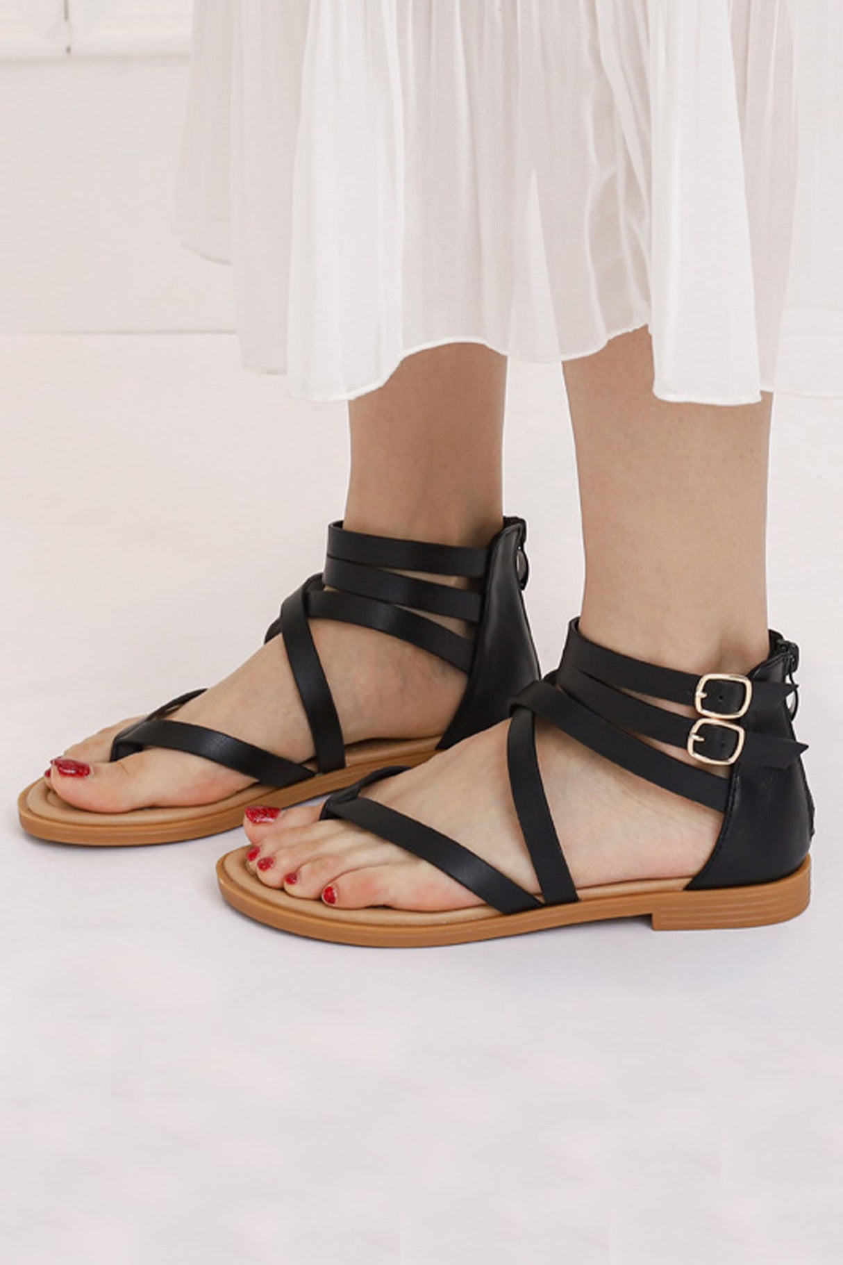 Buckle Ankle Strap Zipper Thong Sandals