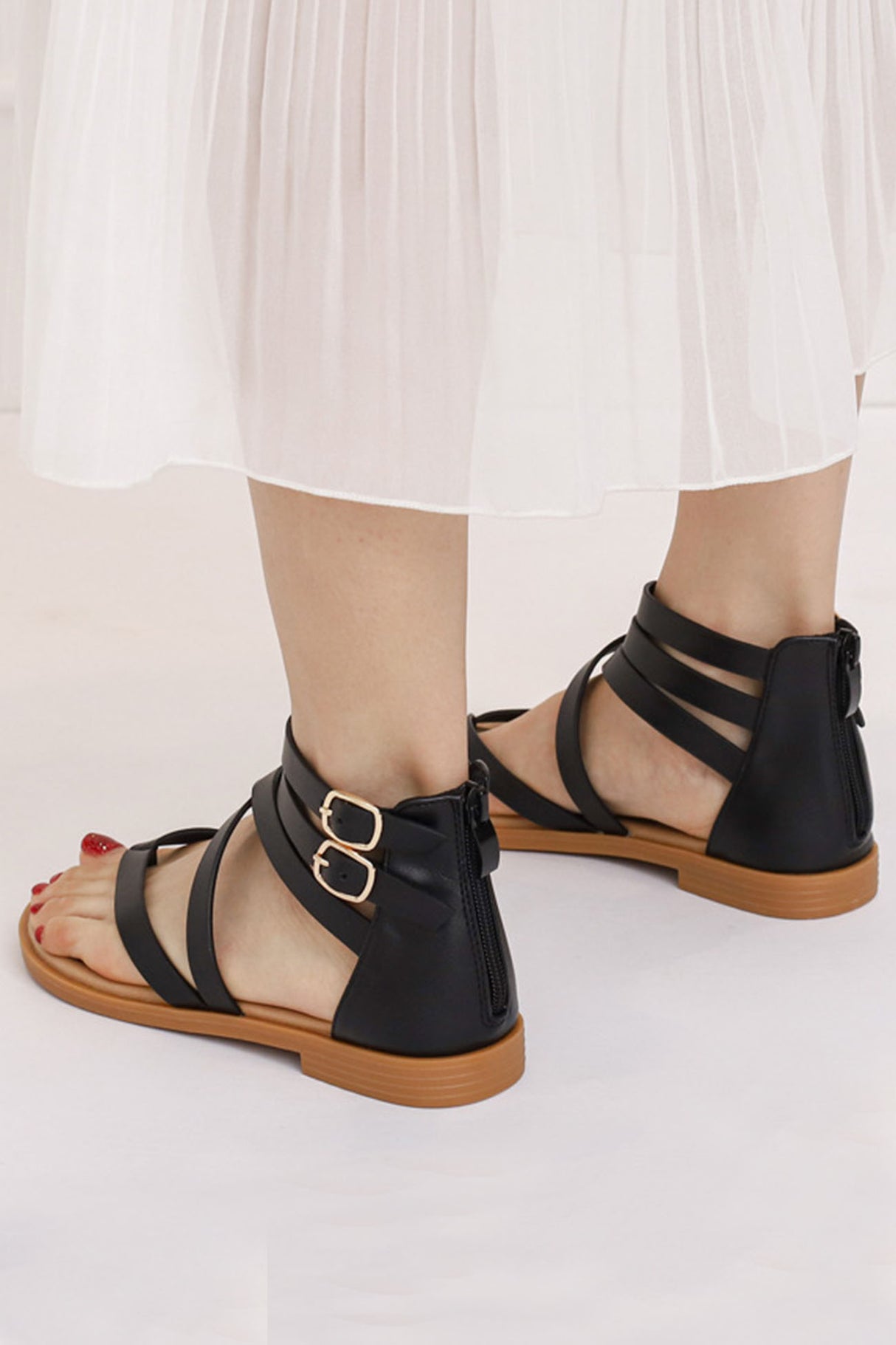 Buckle Ankle Strap Zipper Thong Sandals