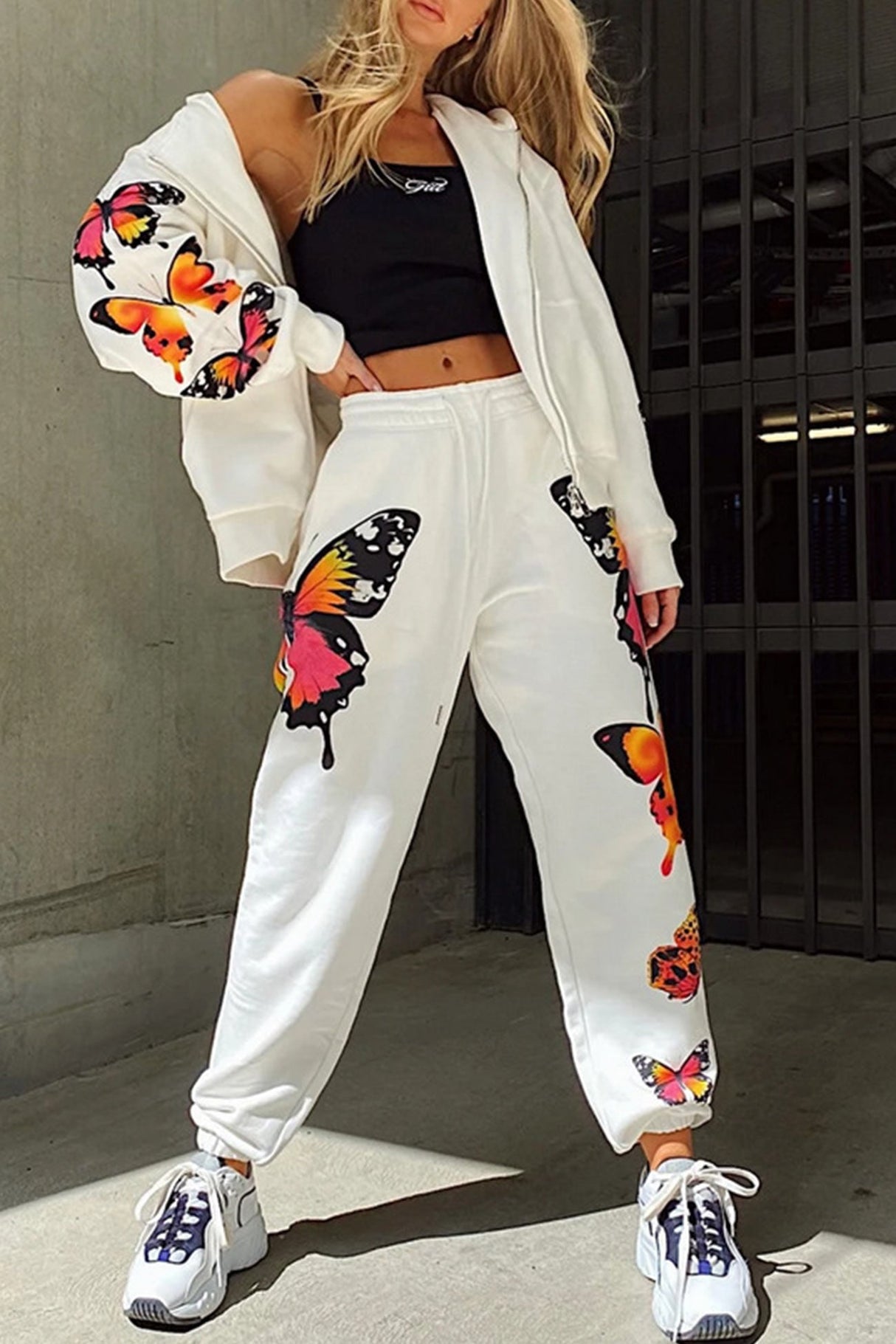 Arolora Butterfly Print Zip-up Hoodie Sweatpants Set