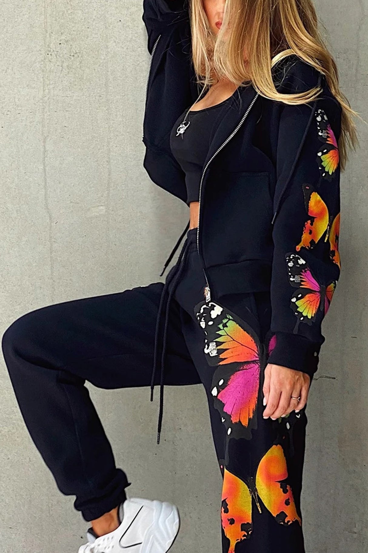 Arolora Butterfly Print Zip-up Hoodie Sweatpants Set
