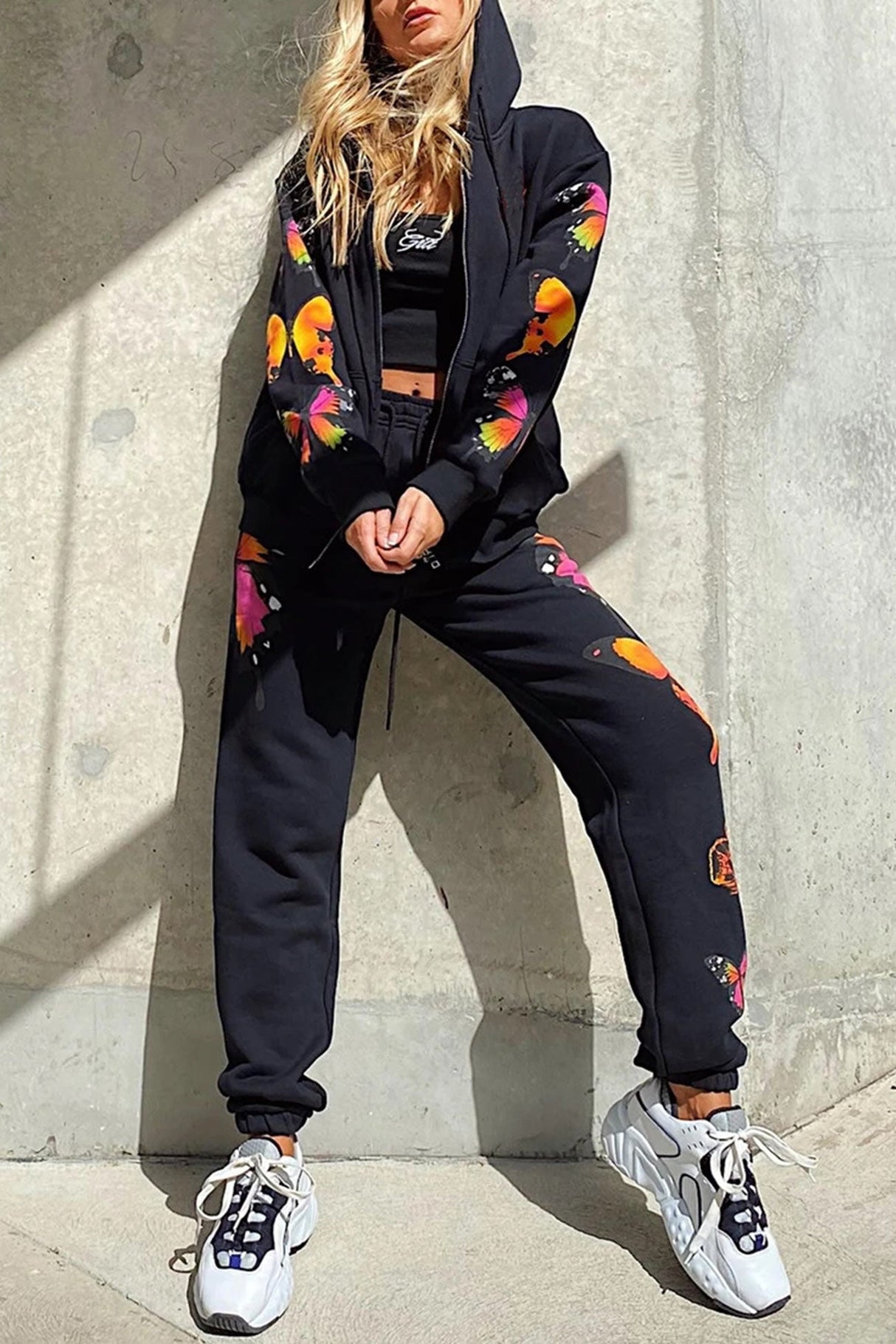 Arolora Butterfly Print Zip-up Hoodie Sweatpants Set