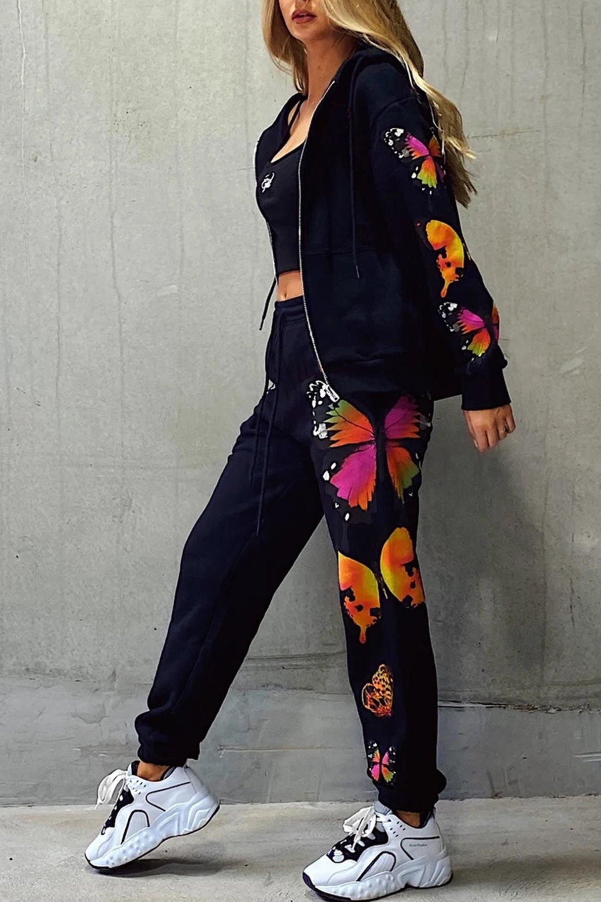 Arolora Butterfly Print Zip-up Hoodie Sweatpants Set