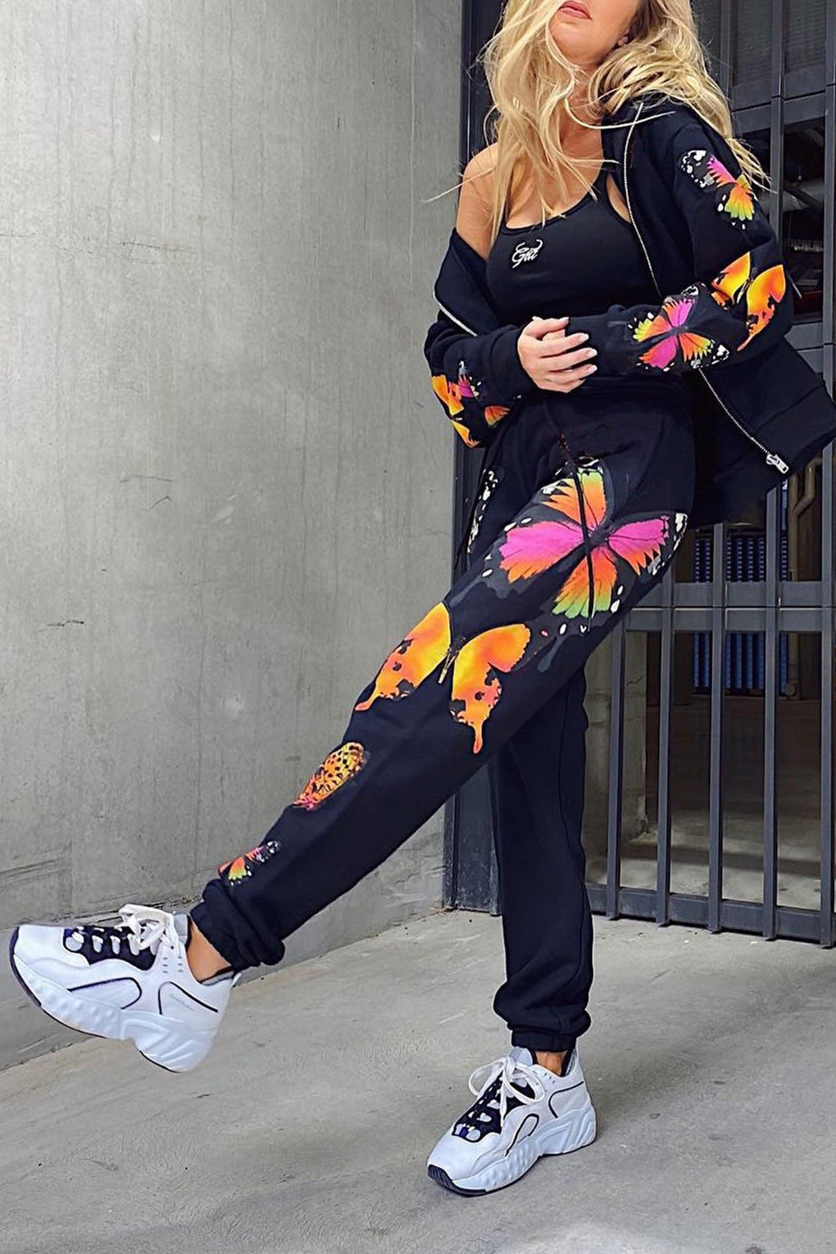 Arolora Butterfly Print Zip-up Hoodie Sweatpants Set