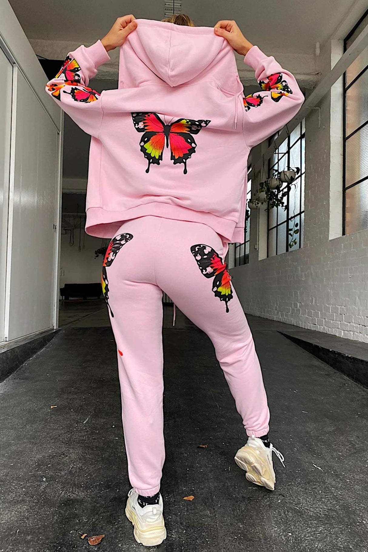 Arolora Butterfly Print Zip-up Hoodie Sweatpants Set