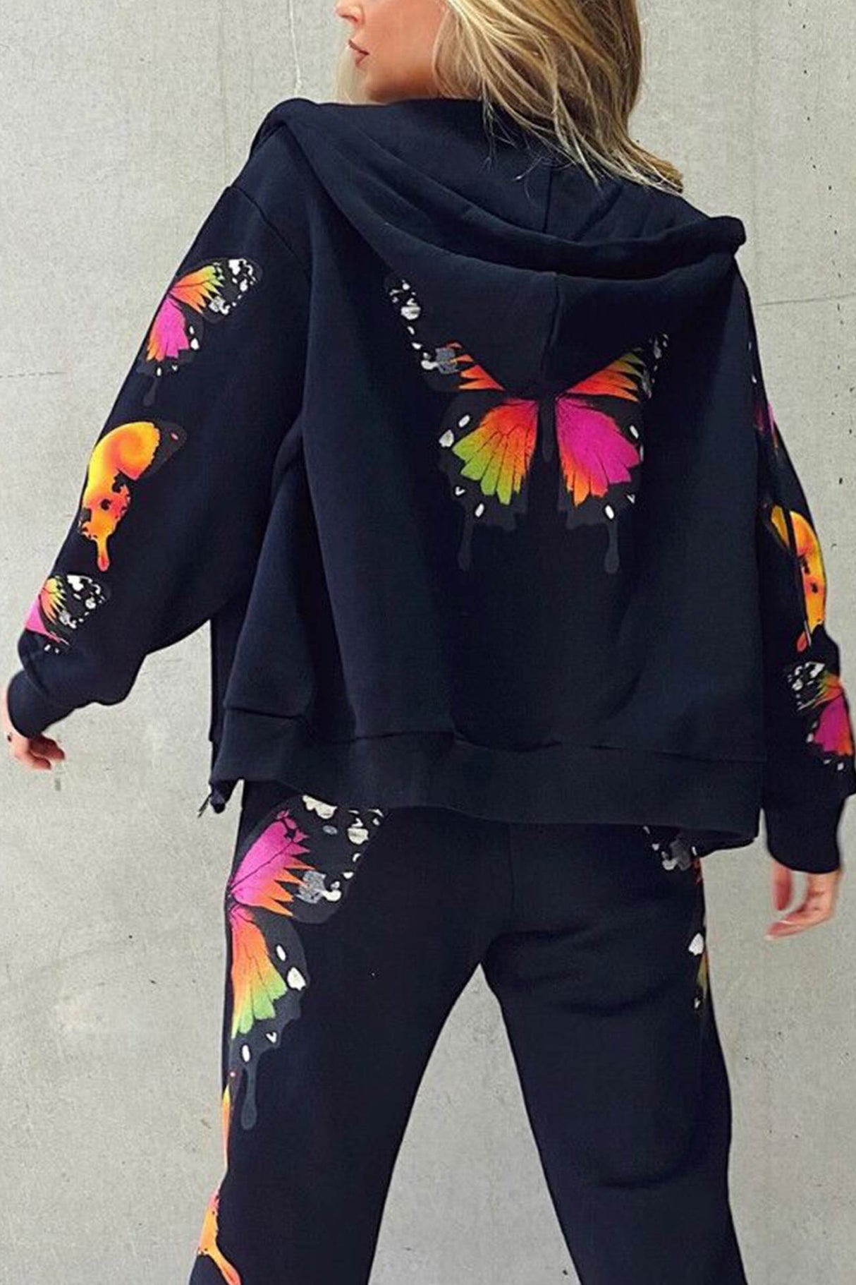 Arolora Butterfly Print Zip-up Hoodie Sweatpants Set
