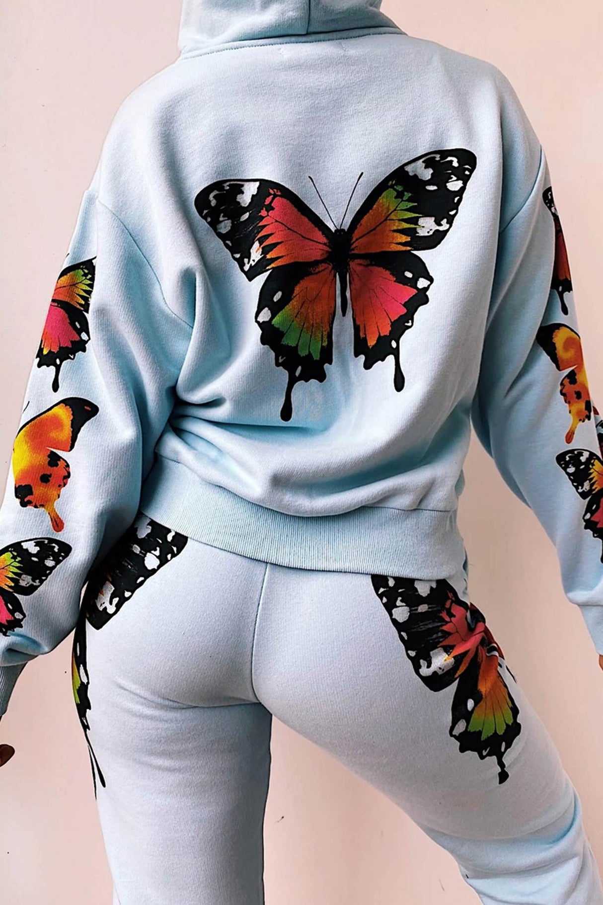 Arolora Butterfly Print Zip-up Hoodie Sweatpants Set
