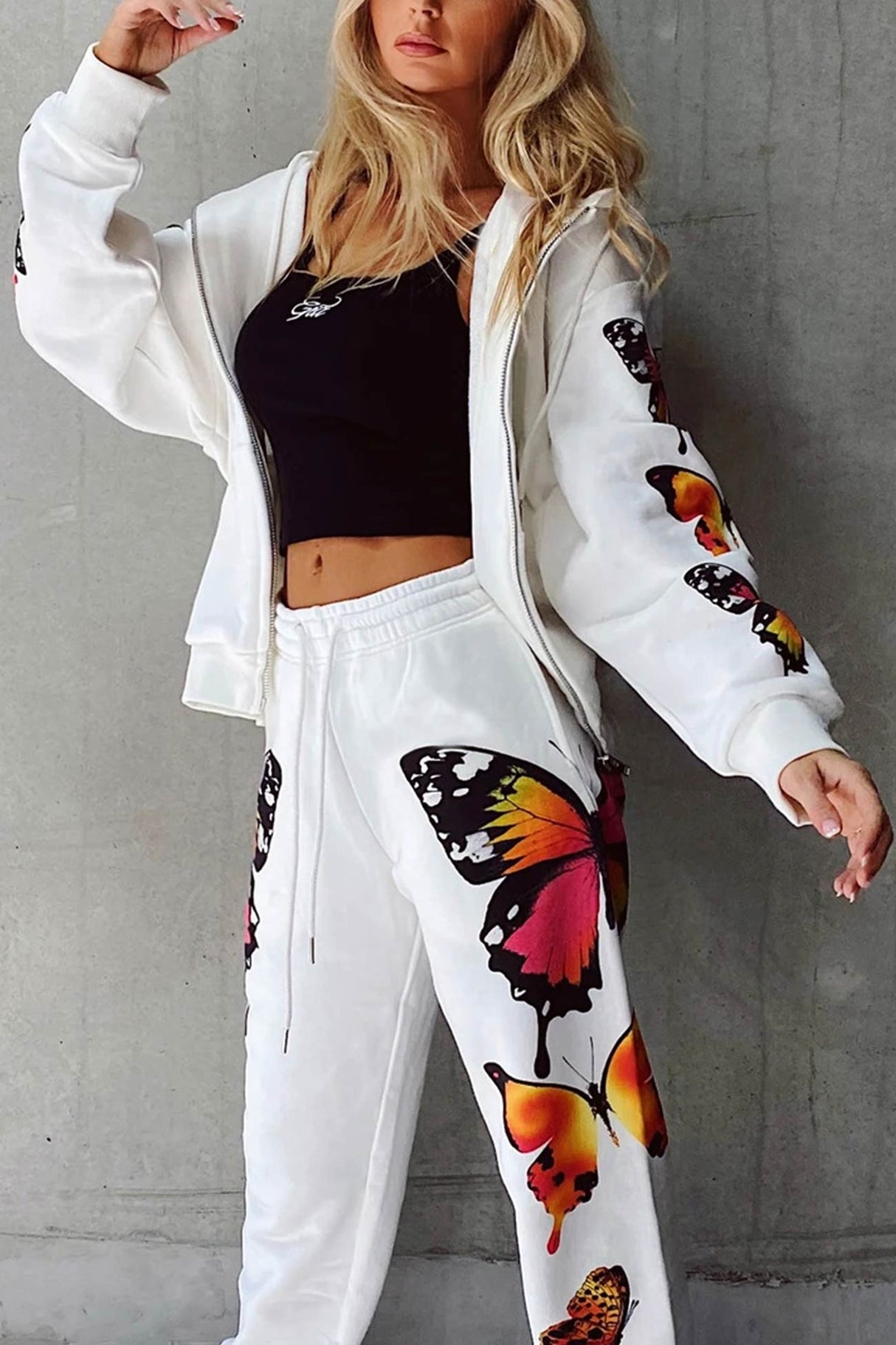 Arolora Butterfly Print Zip-up Hoodie Sweatpants Set