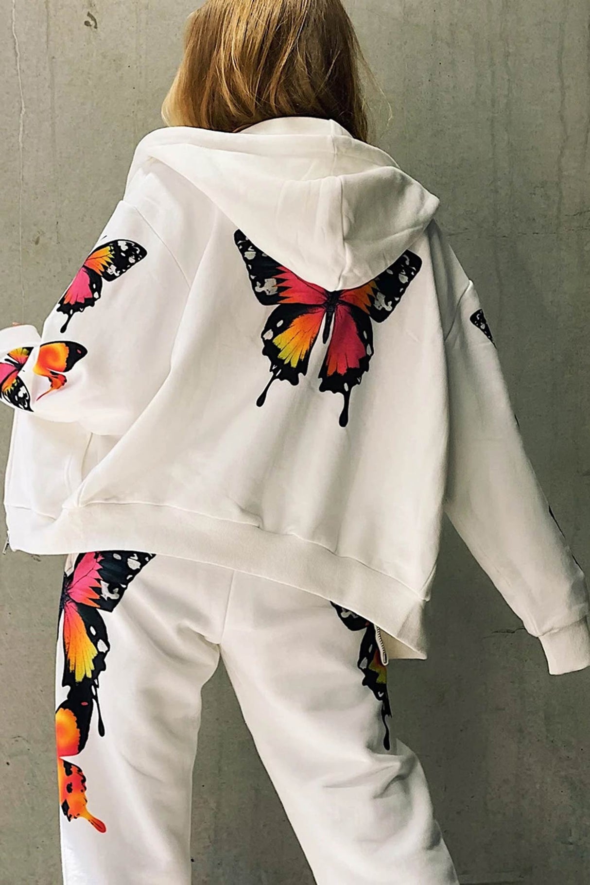 Arolora Butterfly Print Zip-up Hoodie Sweatpants Set