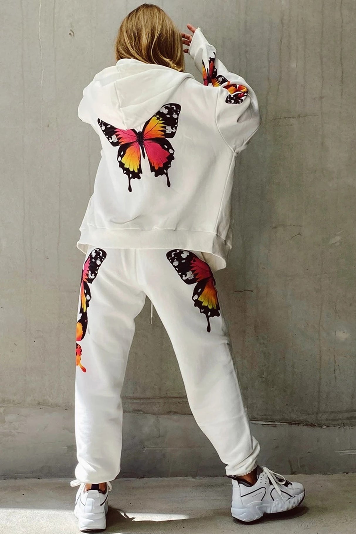 Arolora Butterfly Print Zip-up Hoodie Sweatpants Set