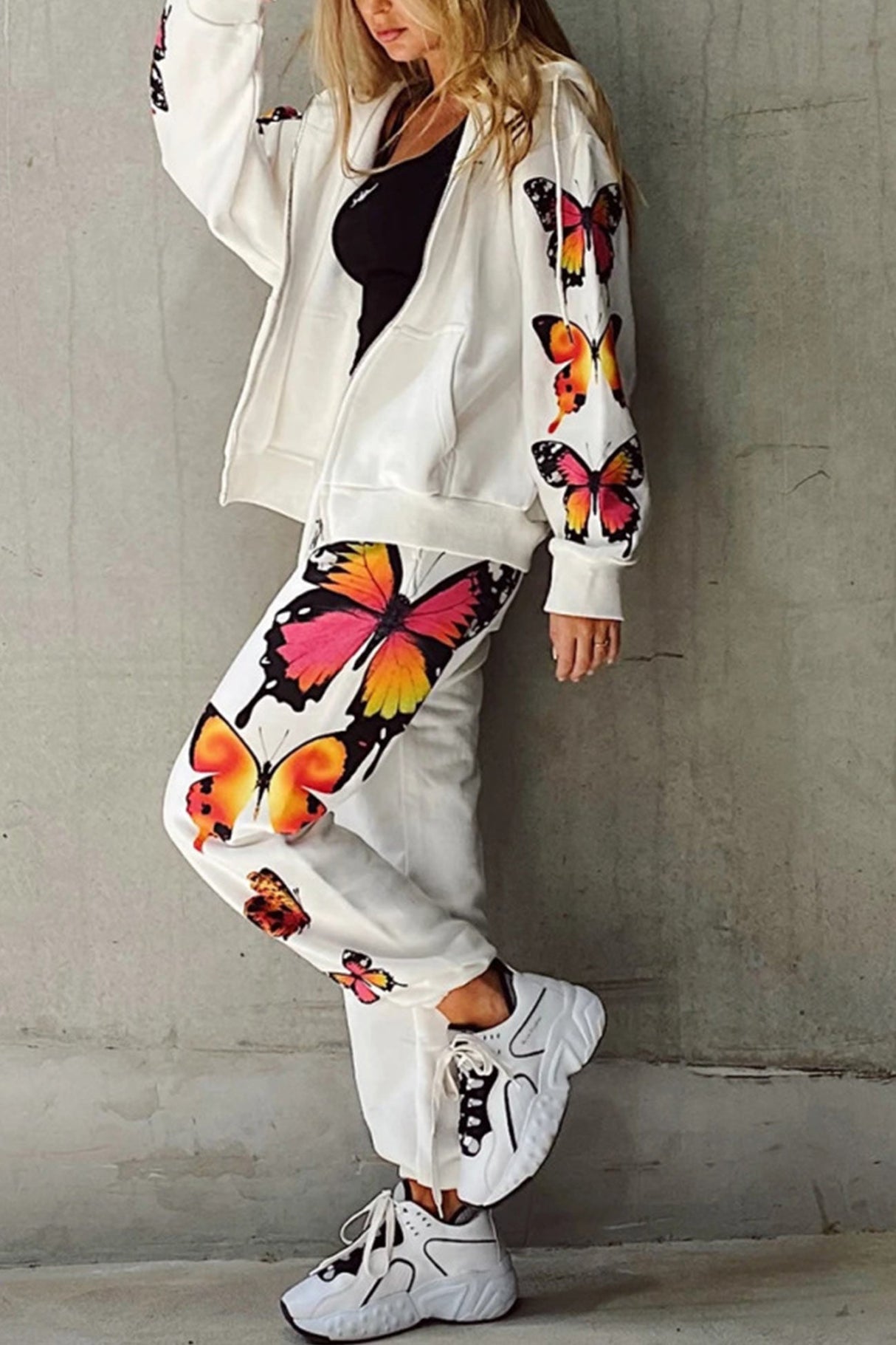 Arolora Butterfly Print Zip-up Hoodie Sweatpants Set