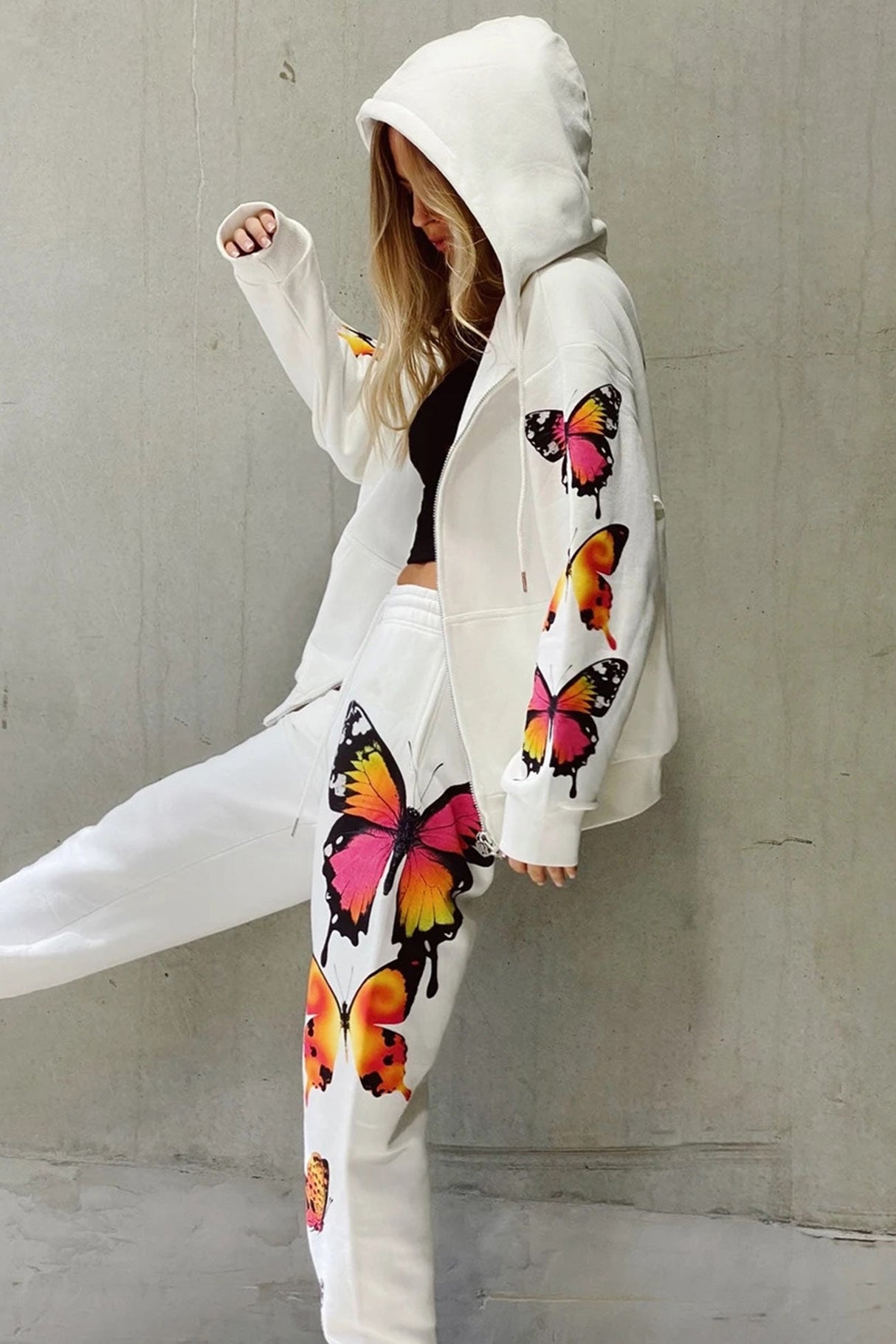 Arolora Butterfly Print Zip-up Hoodie Sweatpants Set