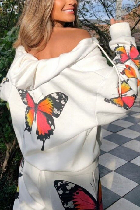 Arolora Butterfly Print Zip-up Hoodie Sweatpants Set