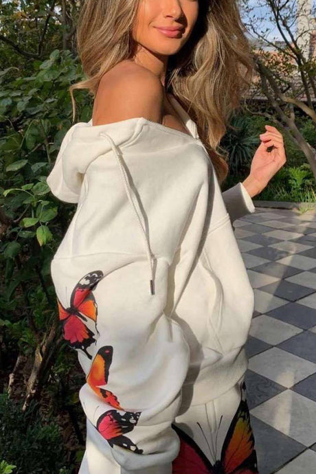 Arolora Butterfly Print Zip-up Hoodie Sweatpants Set