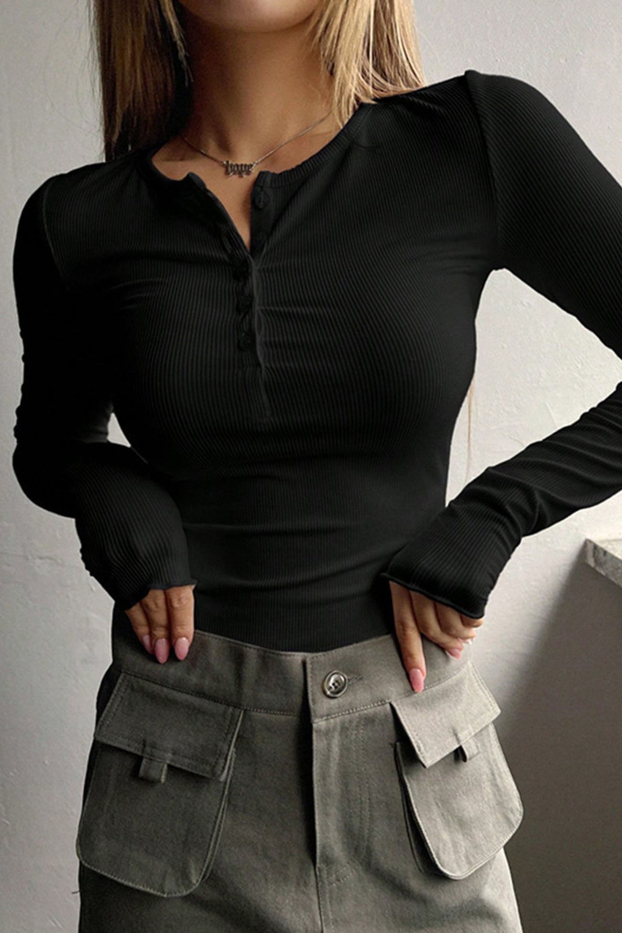 Arolora button-down-slim-fit-ribbed-tops