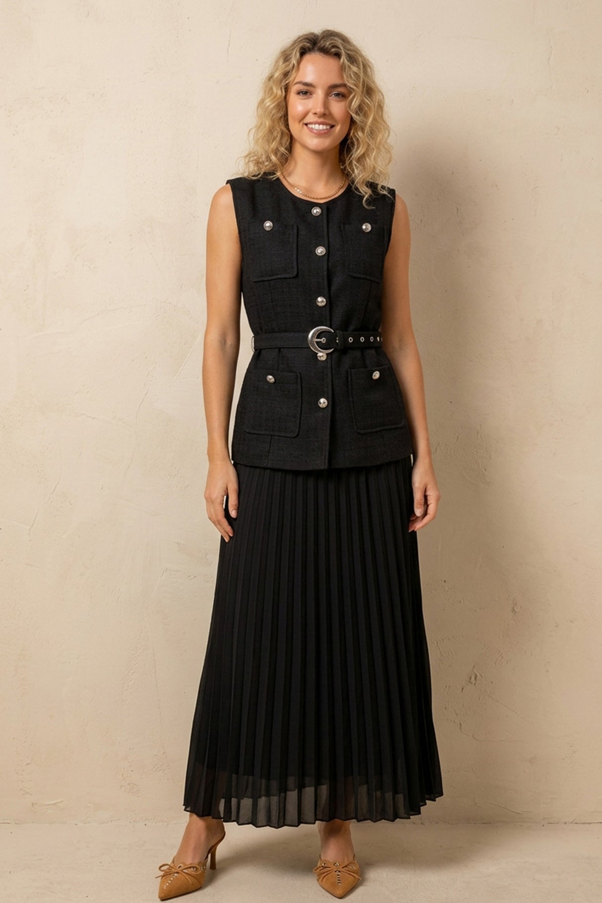 Button-down Tank Top Mesh Pleated Skirt Set