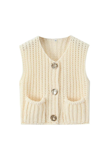 Arolora button-front-sleeveless-pocket-knit-cardigan