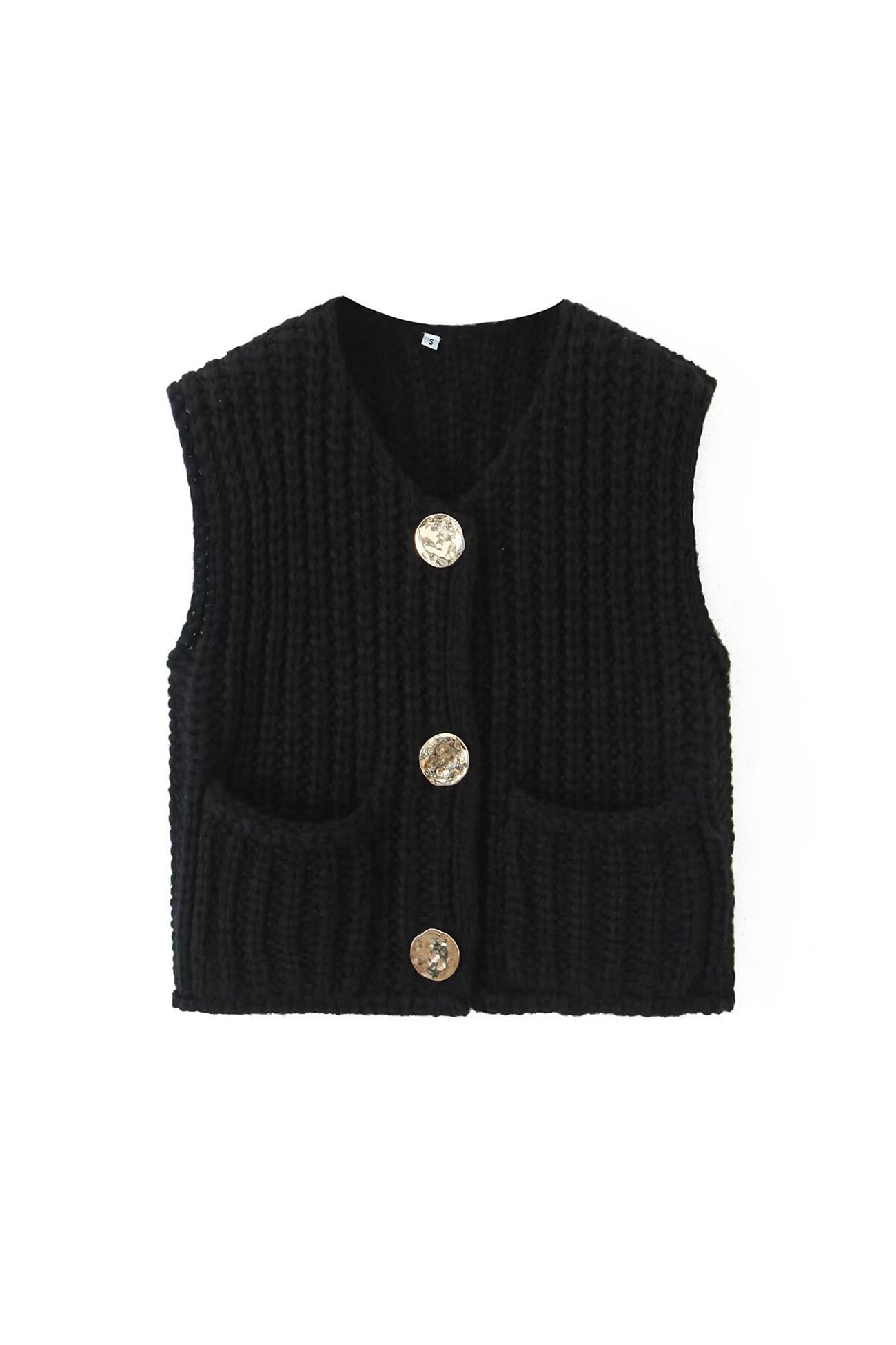 Arolora button-front-sleeveless-pocket-knit-cardigan