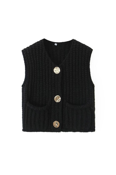 Arolora button-front-sleeveless-pocket-knit-cardigan