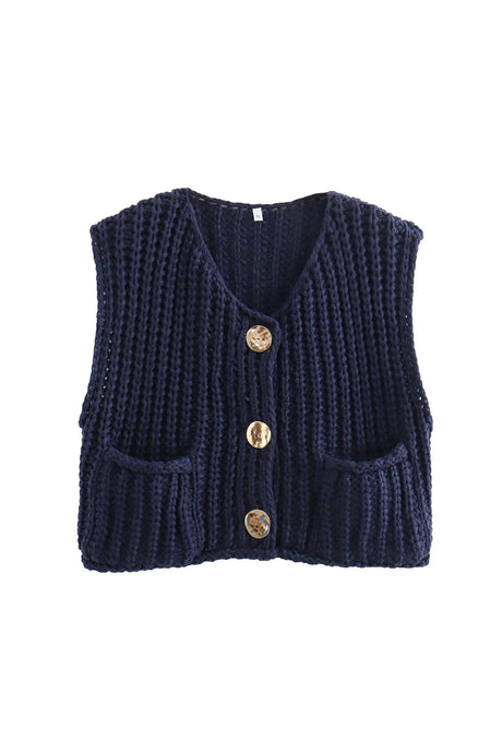 Arolora button-front-sleeveless-pocket-knit-cardigan