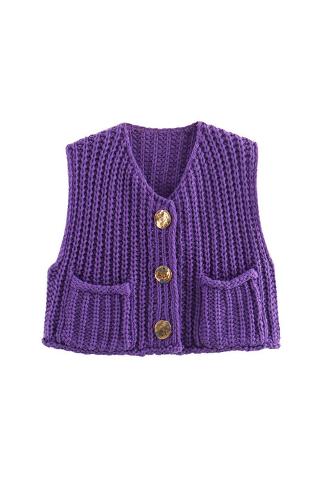 Arolora button-front-sleeveless-pocket-knit-cardigan