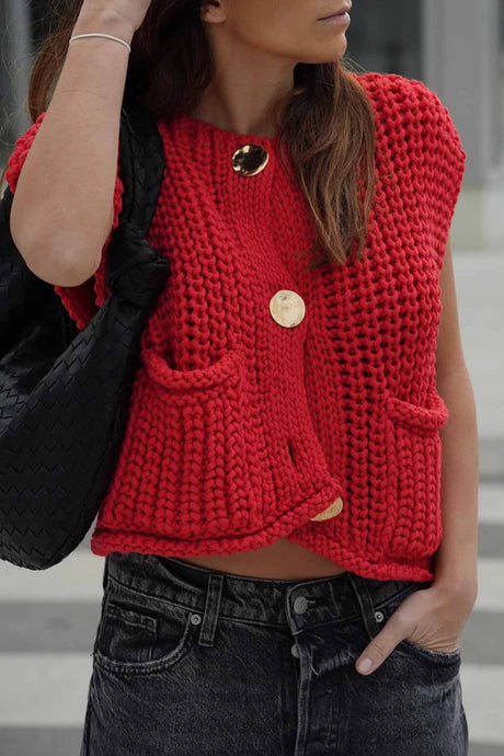Arolora button-front-sleeveless-pocket-knit-cardigan