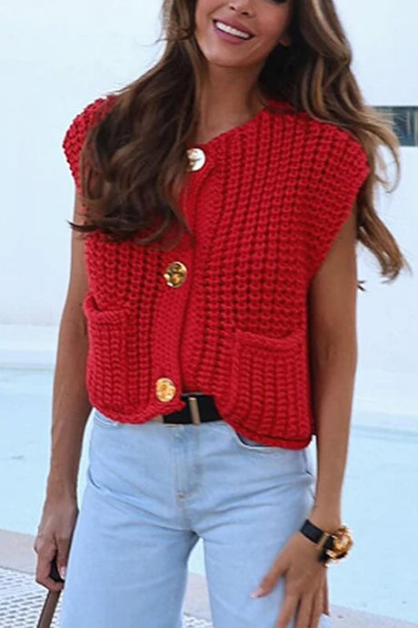 Arolora button-front-sleeveless-pocket-knit-cardigan